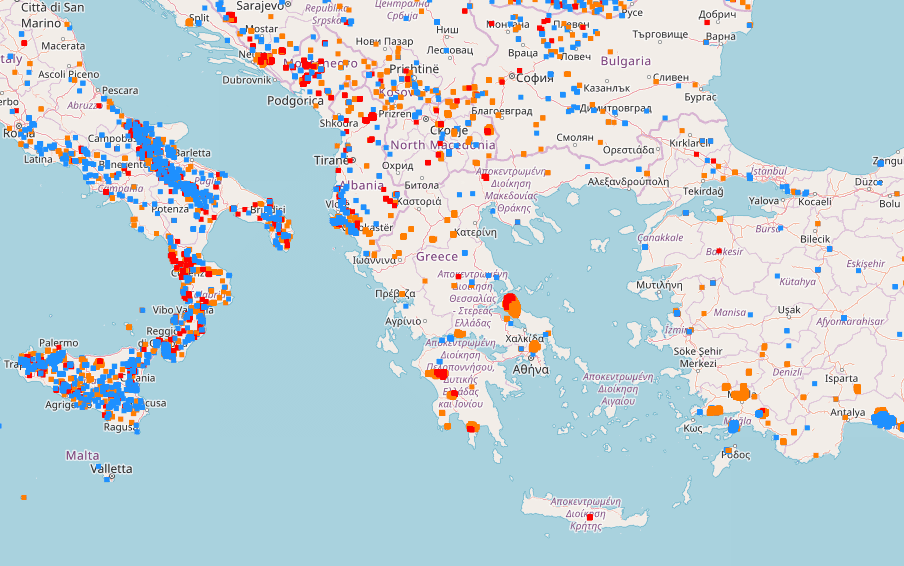 Eastern European Wildfires map between July 27-August 9 (EFFIS)